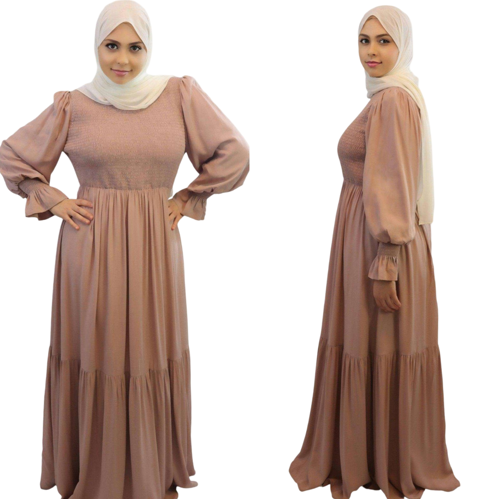 Shazia Smocked Bodice Floor Length Maxi Dress Front and side view modesty muslimah