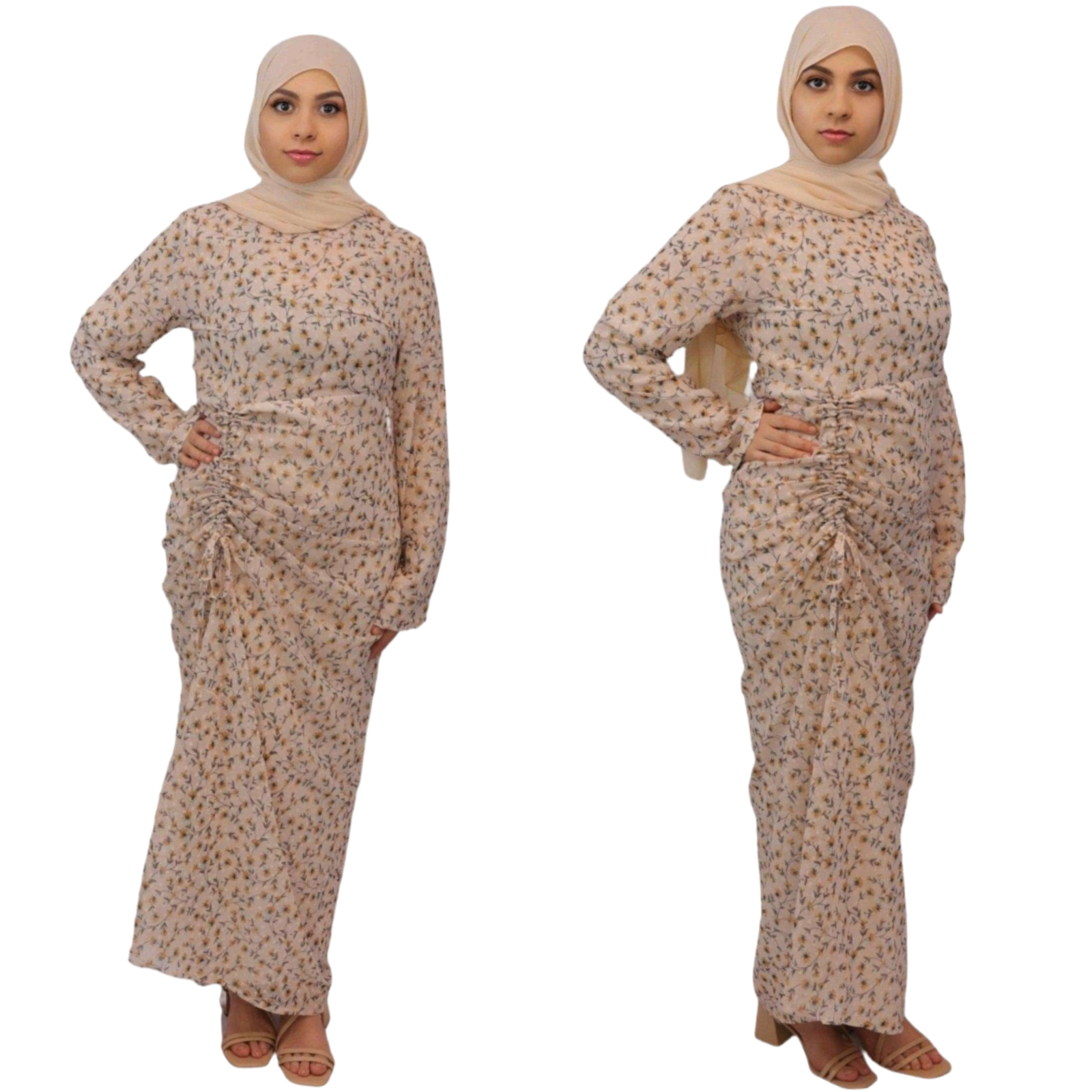 Beige Floral Maxi Dress - Elegant Ruched Chiffon for Effortless Style