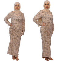 Yasmine Beige Ruched Floral Chiffon maxi dress front and Side view modesty muslimah