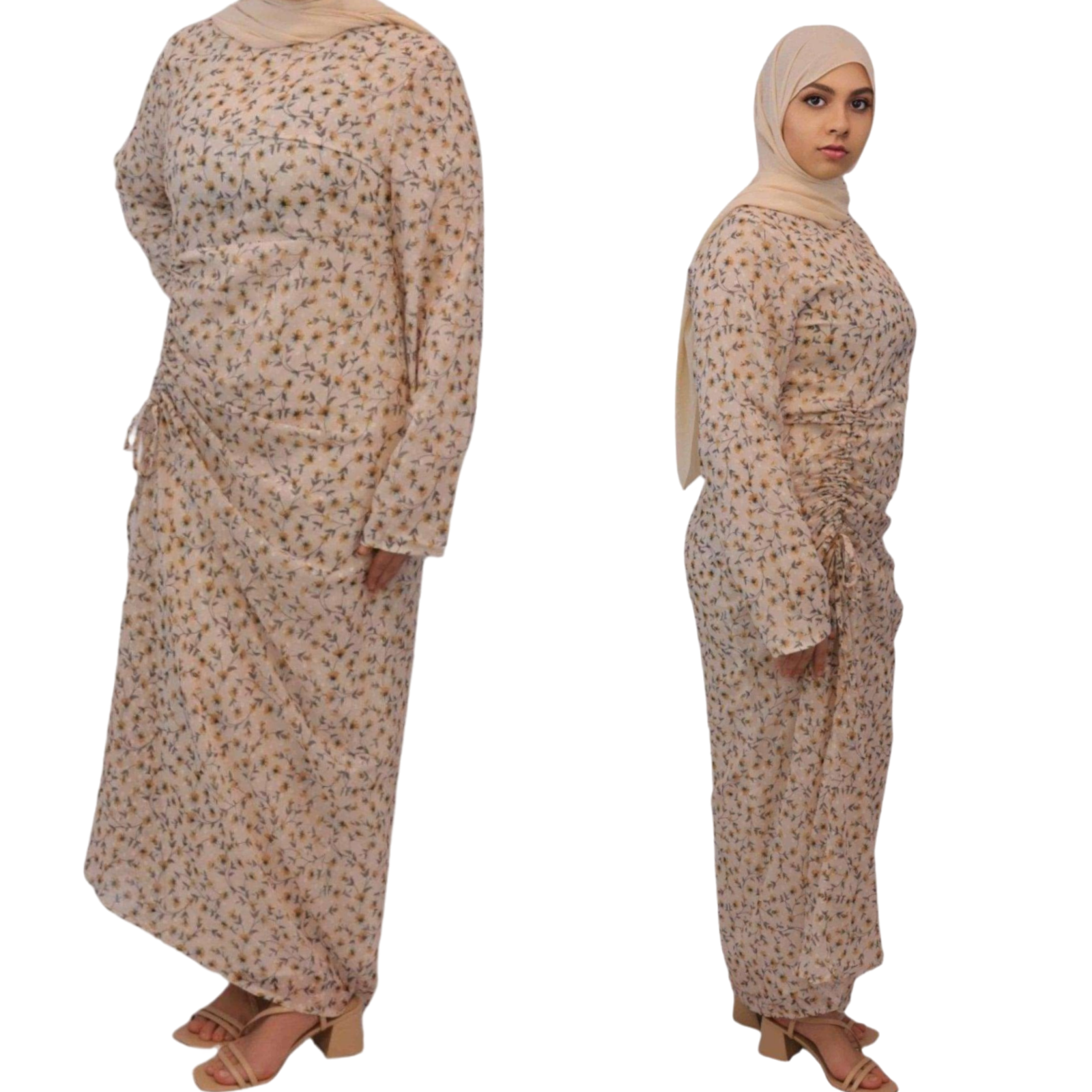 Yasmine Beige Ruched Floral Chiffon maxi dress front and Side view modesty muslimah