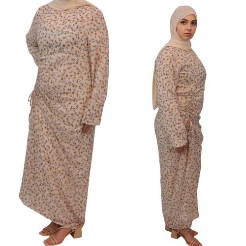 Beige Floral Maxi Dress - Elegant Ruched Chiffon for Effortless Style