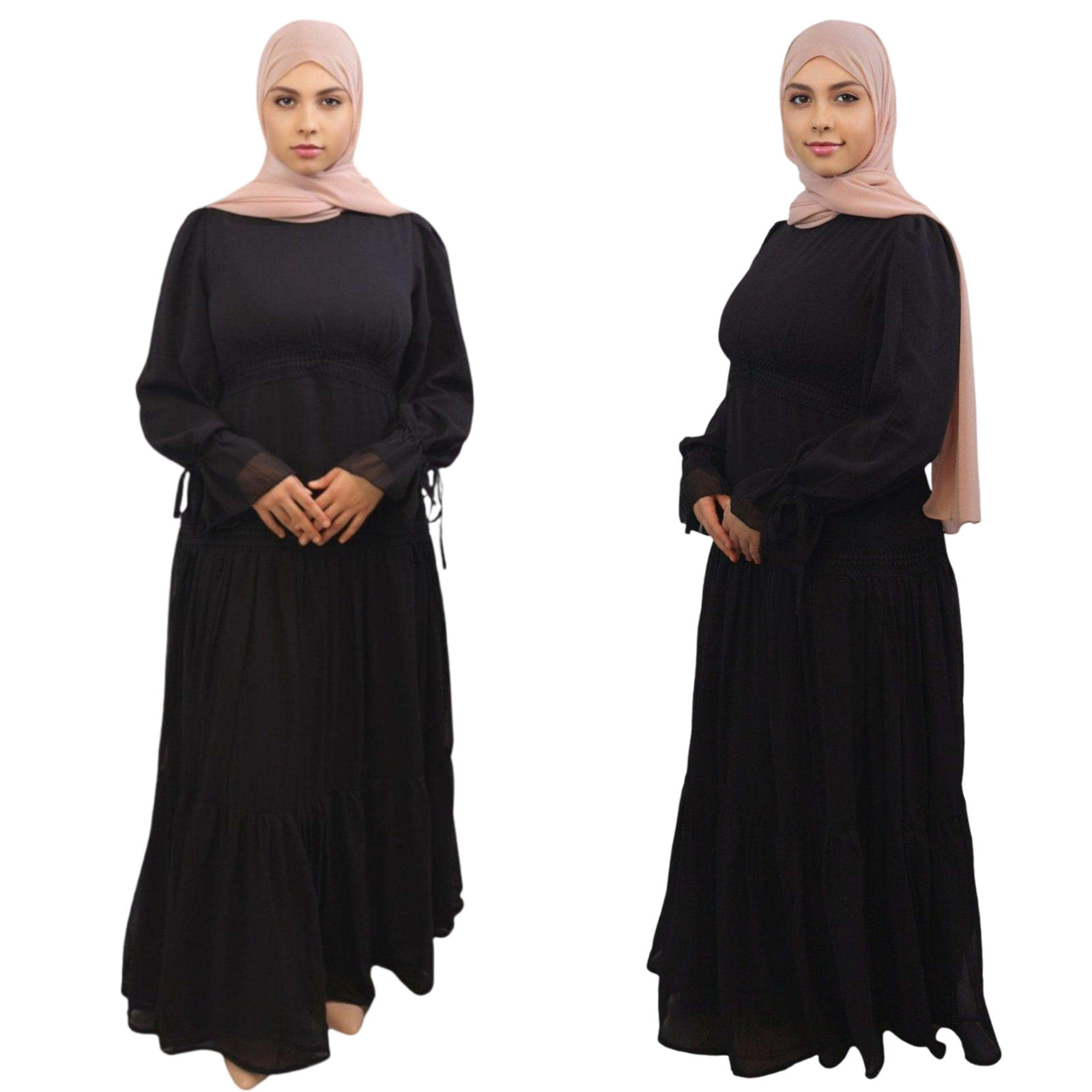 Nasma Black Chiffon Laced Maxi front side views modesty muslimah