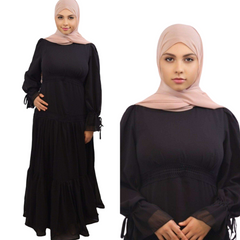 Female wearing Nasma Black Chiffon Laced Maxi front view modesty muslimah