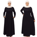 Two views of a black long-sleeve dress worn by a model on a white background