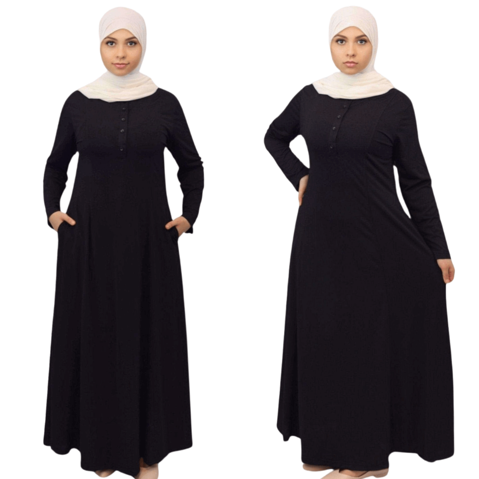 Two views of a black long-sleeve dress worn by a model on a white background