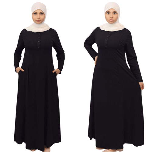 Two views of a black long-sleeve dress worn by a model on a white background