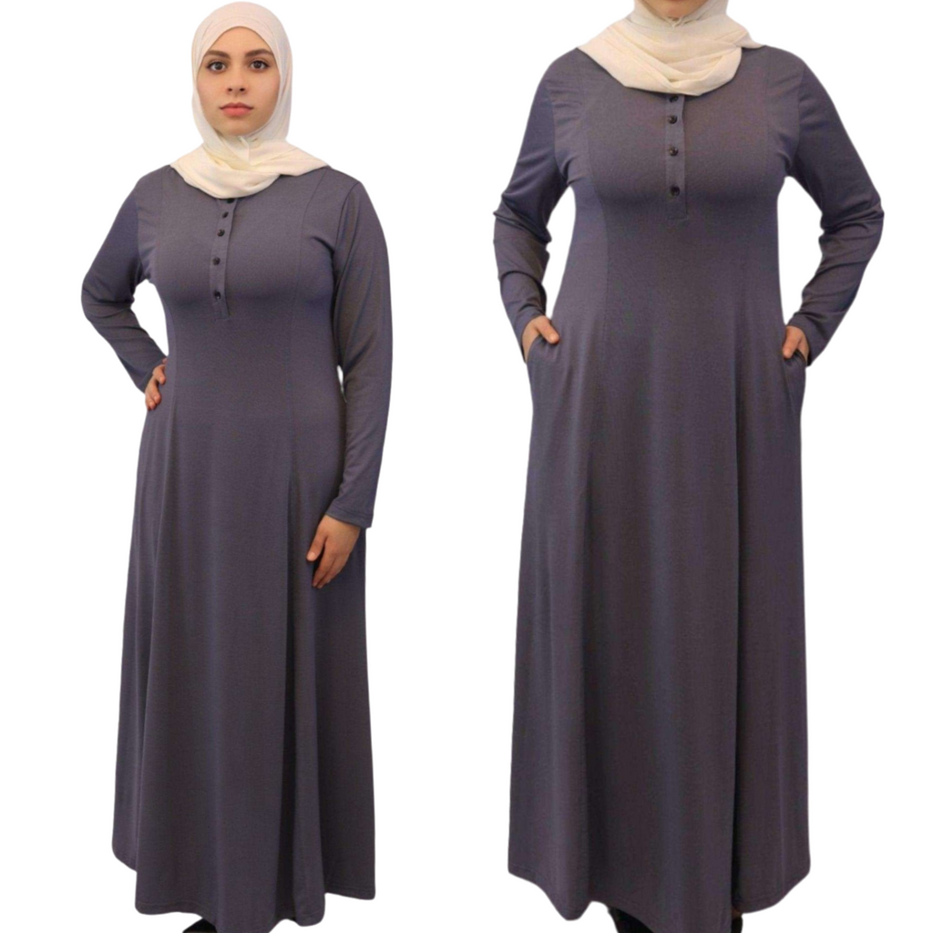 Traditional abaya modesty dress front side views gray modesty muslimah 