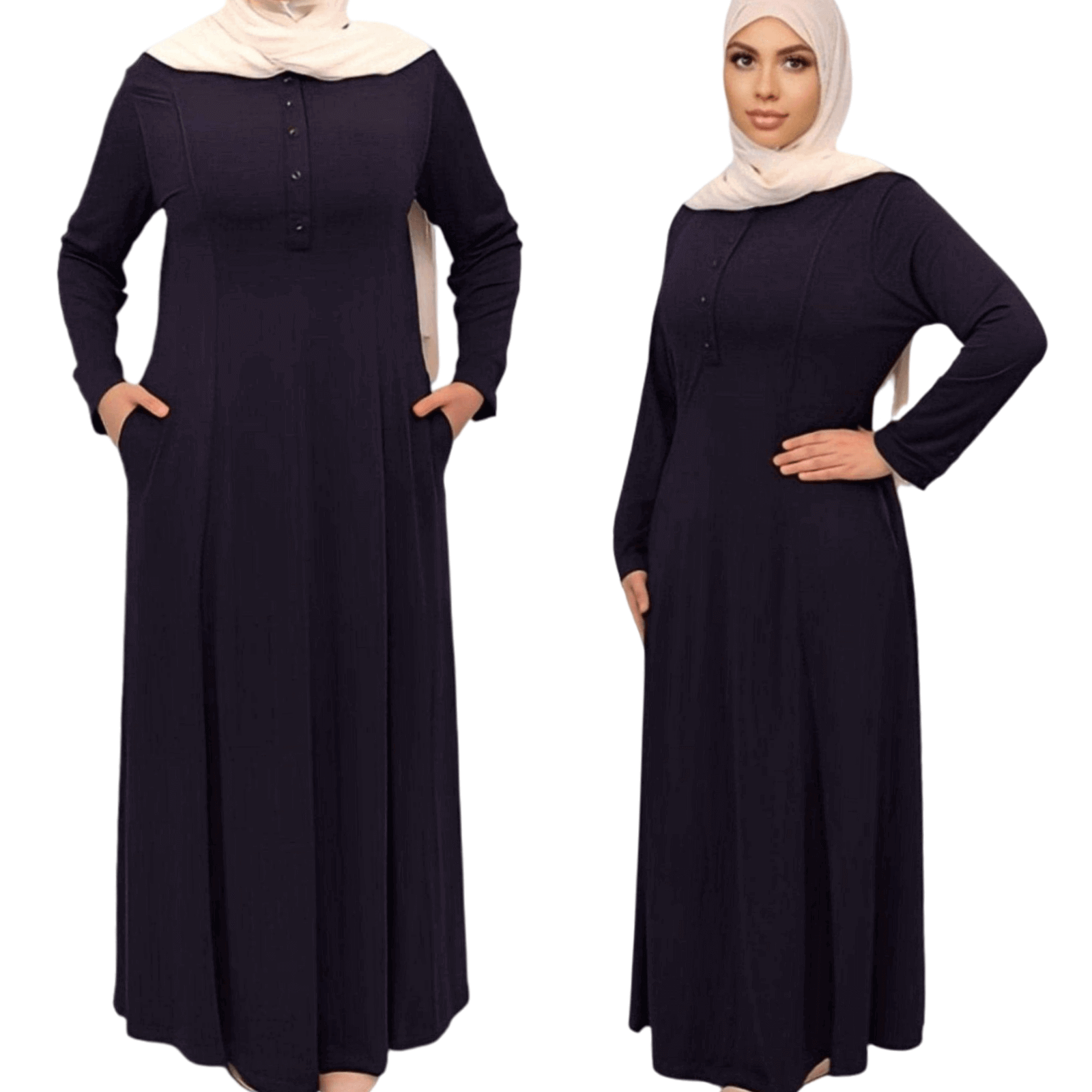 navy blue button front abaya from and side views