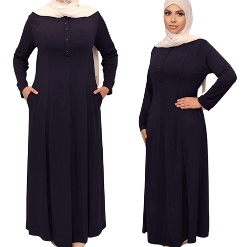 navy blue button front abaya from and side views