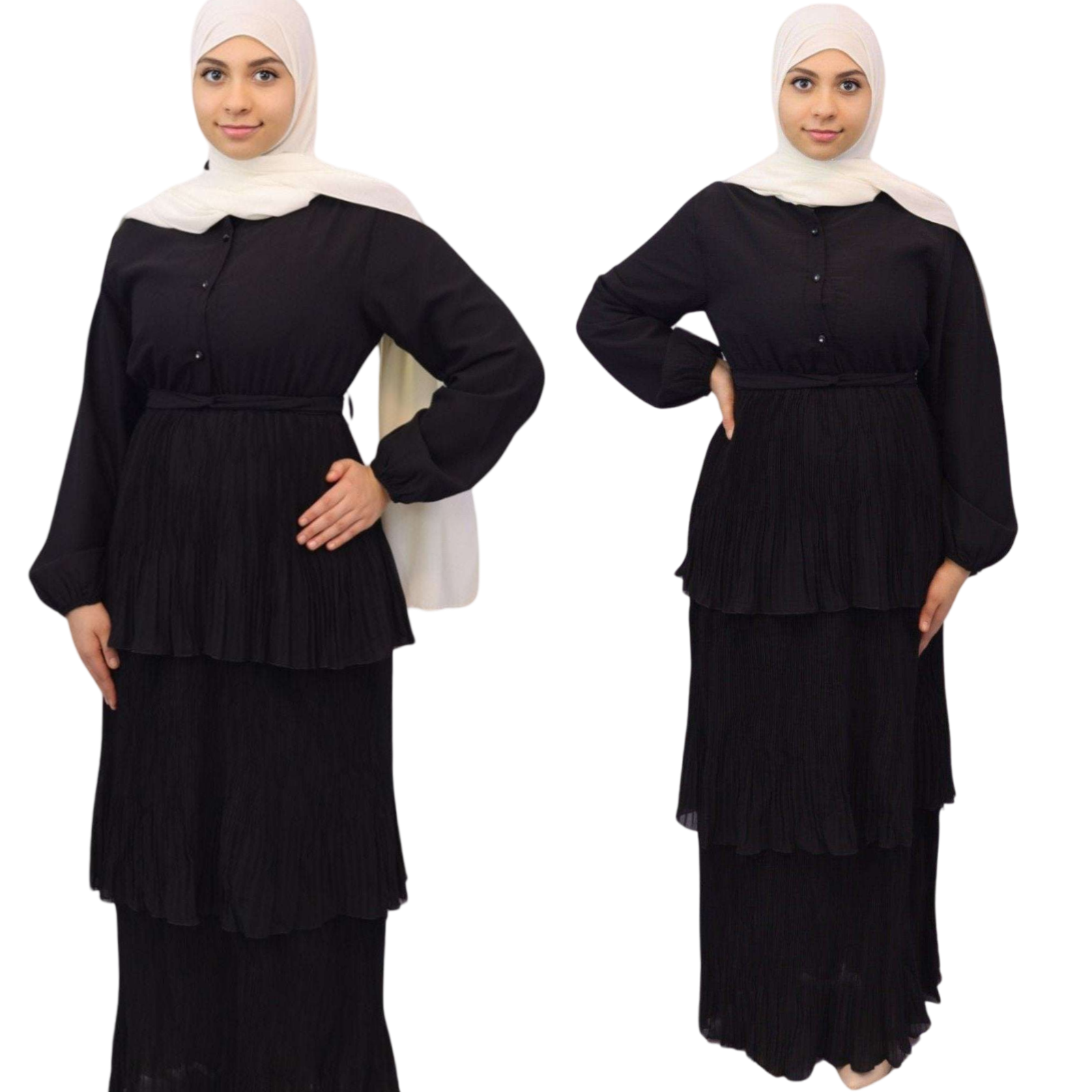 Maha Pleated Layered Chiffon Maxi front side view black Modesty Muslimah