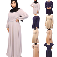 Woman in Alishba Chiffon Maxi dress front side views gray, blue, brown, pink modesty muslimah