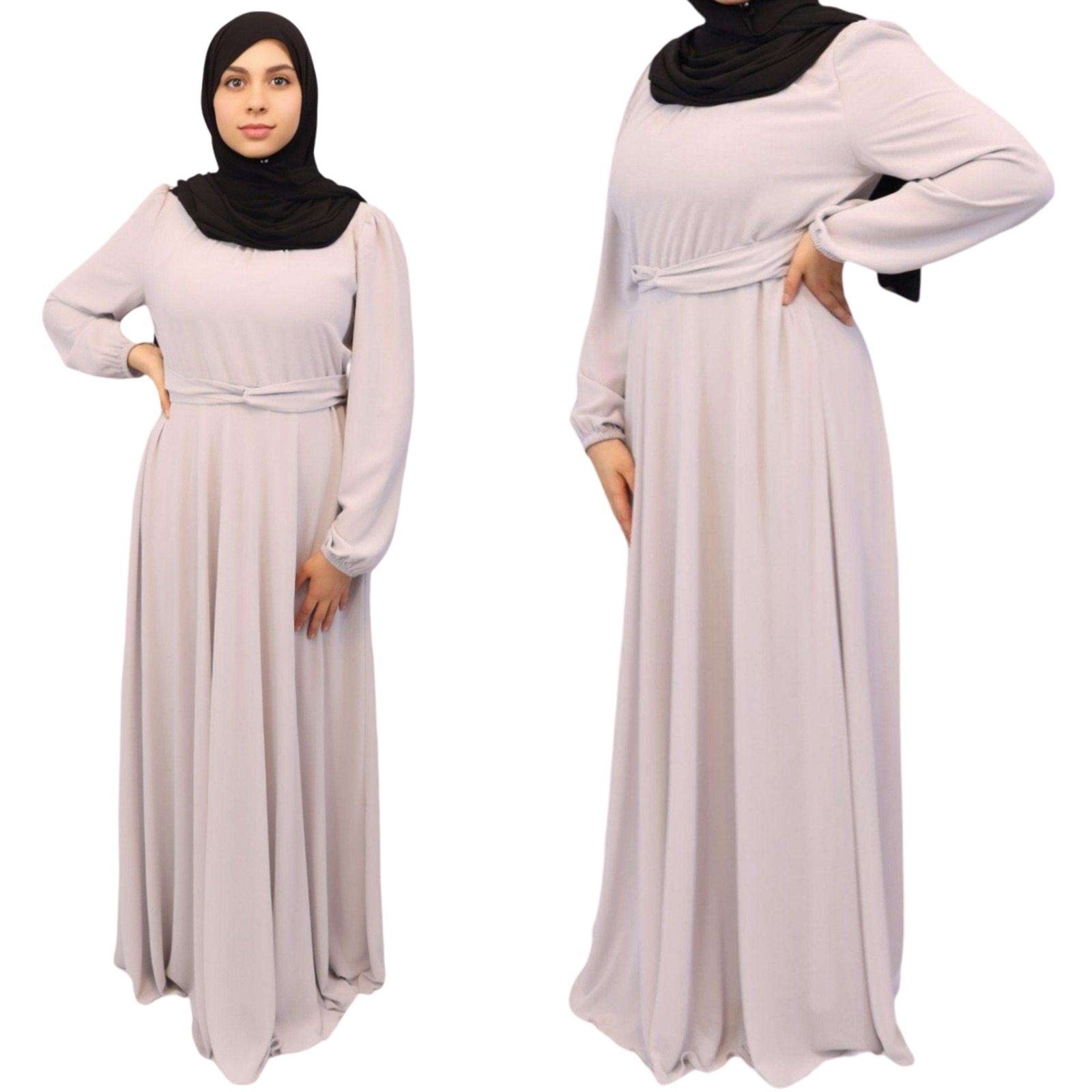 Alishba Chiffon Maxi dress front side views gray modesty muslimah