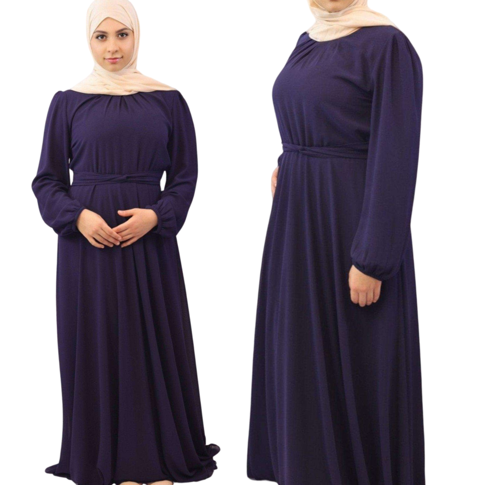 Alishba Chiffon Maxi dress front side views nacy blue modesty muslimah