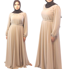 Alishba Chiffon Maxi dress front side views khaki brown modesty muslimah