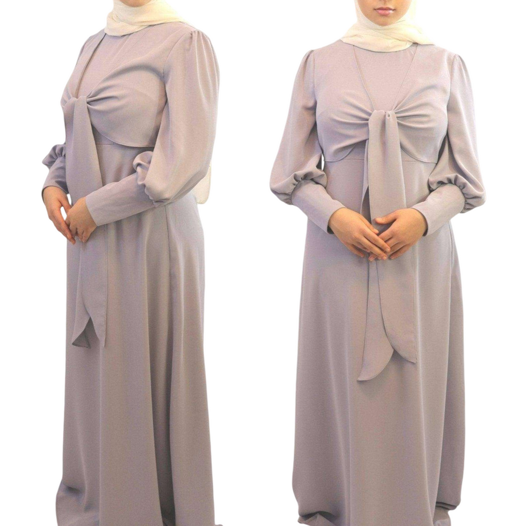 Zora Front Tied Long Sleeve Maxi Dress front side views blue modesty muslimah