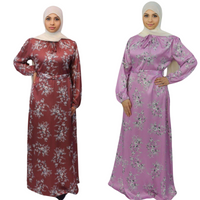 Female in floral satin maxi dress abaya for women front side view pink and brown modesty muslimah 