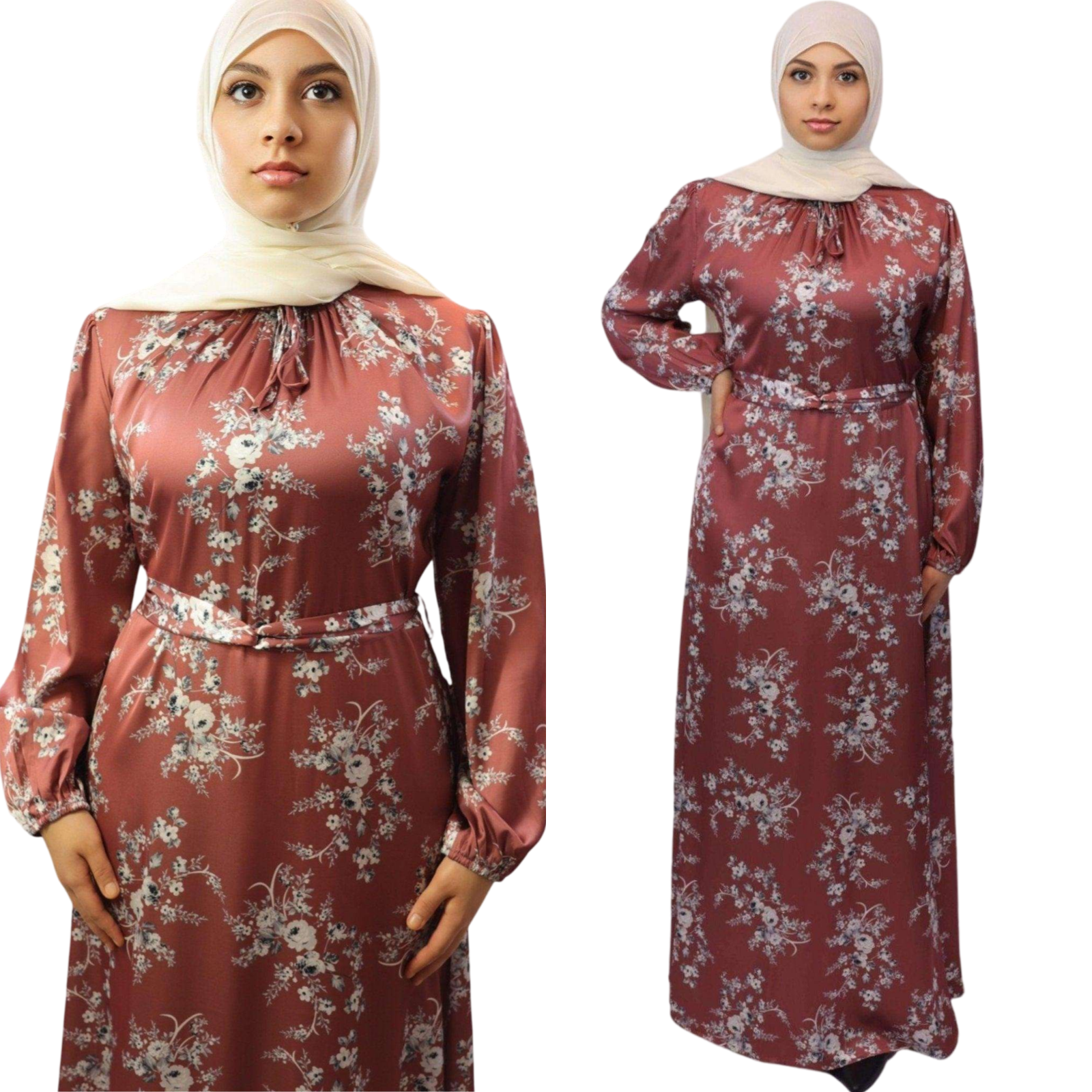 Female in floral satin maxi dress abaya for women front side view brown modesty muslimah 