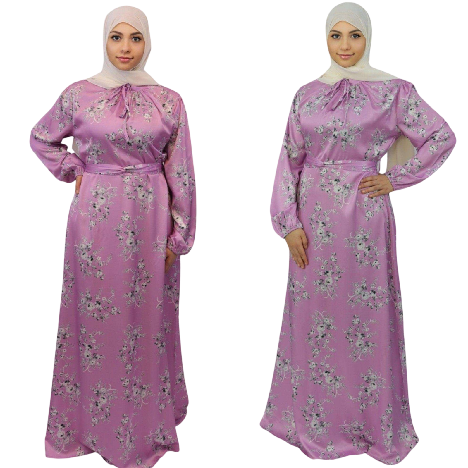 Female in floral satin maxi dress abaya for women front side view pink  modesty muslimah 