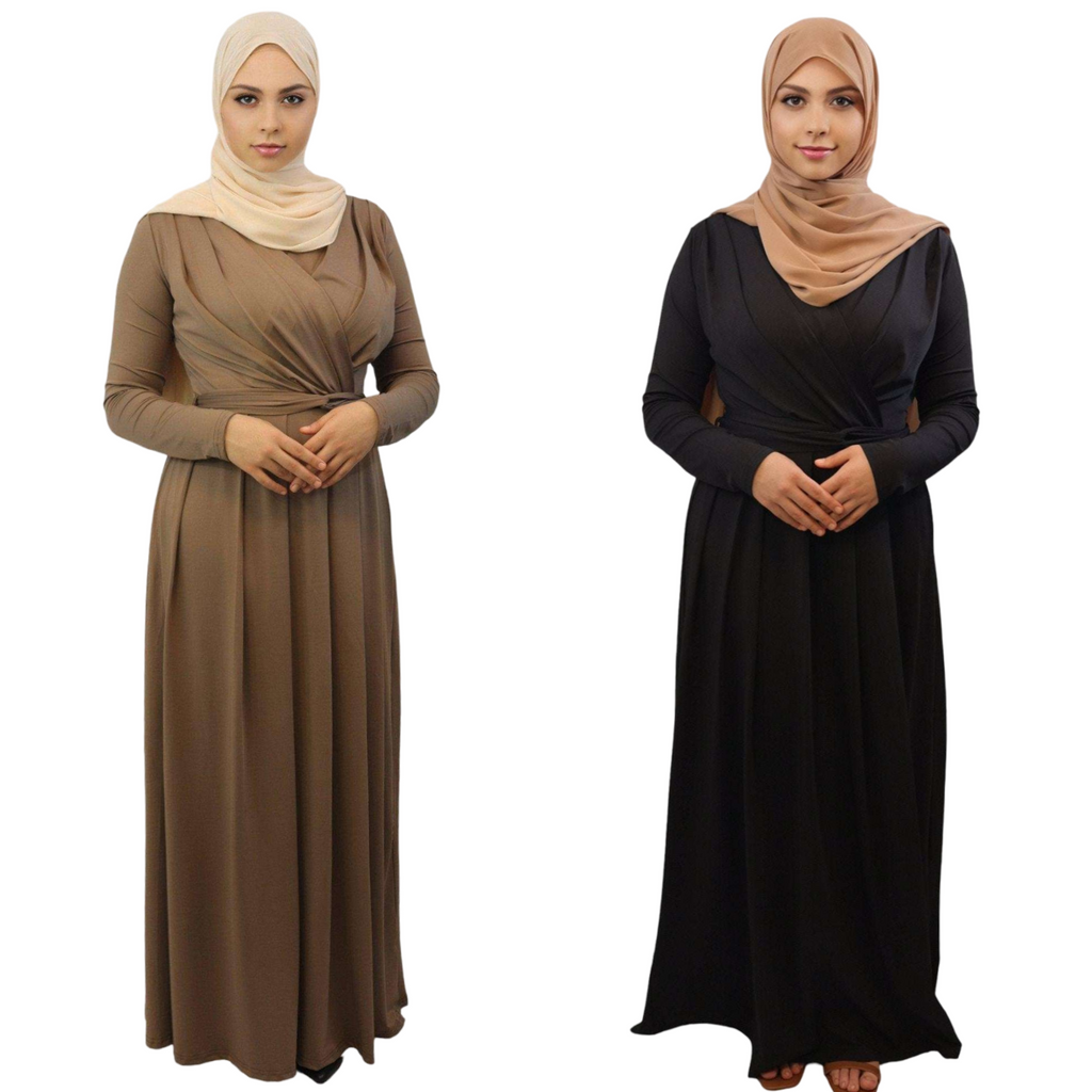 Naira Pleated Detail Nida Modest Dress brown and black front views modesty muslimah