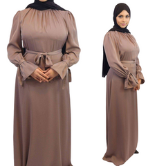 Amna Satin Tied Cuffs Maxi taupe front side views 