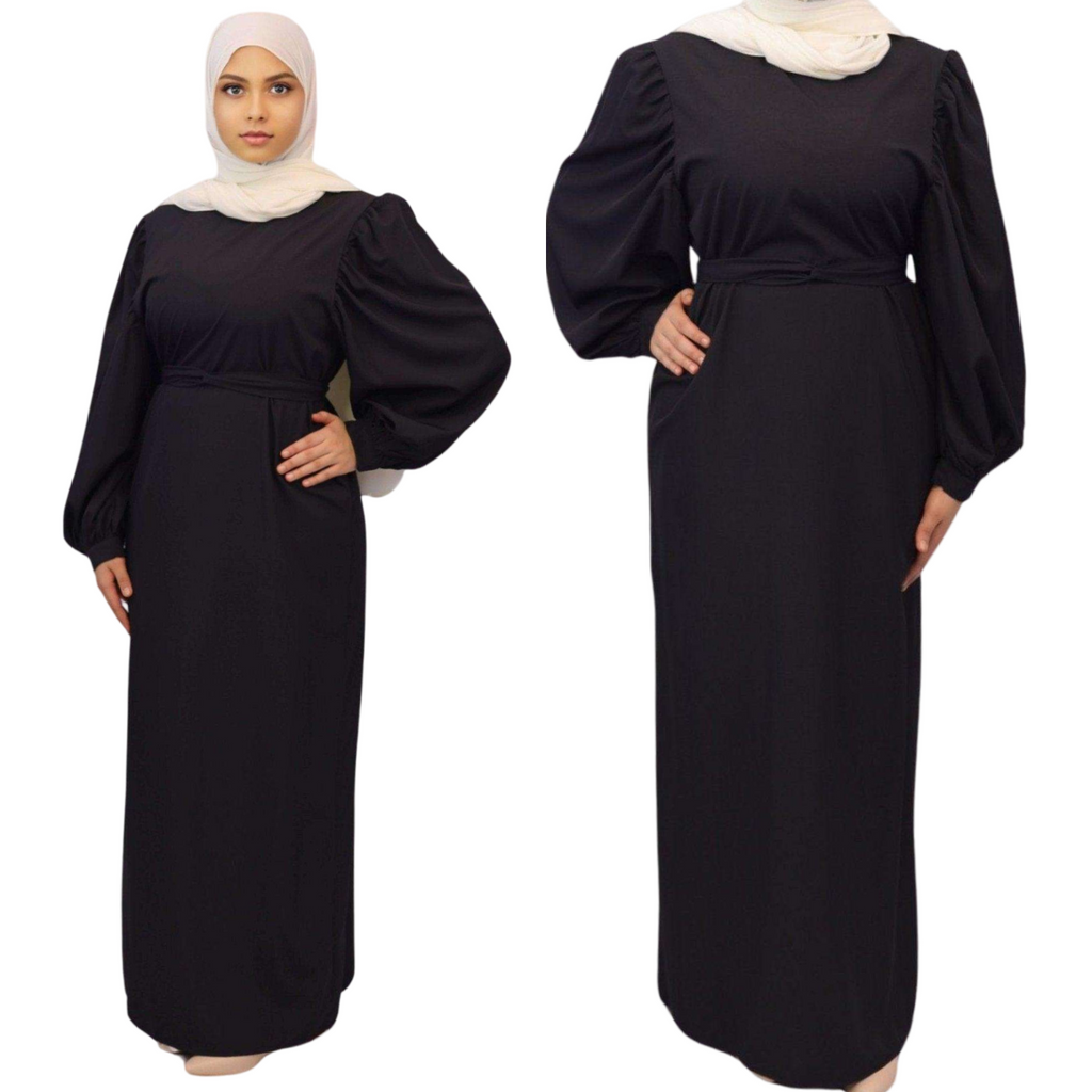 Female in Ankle Length Maxi Dress black front and side view modesty muslimah