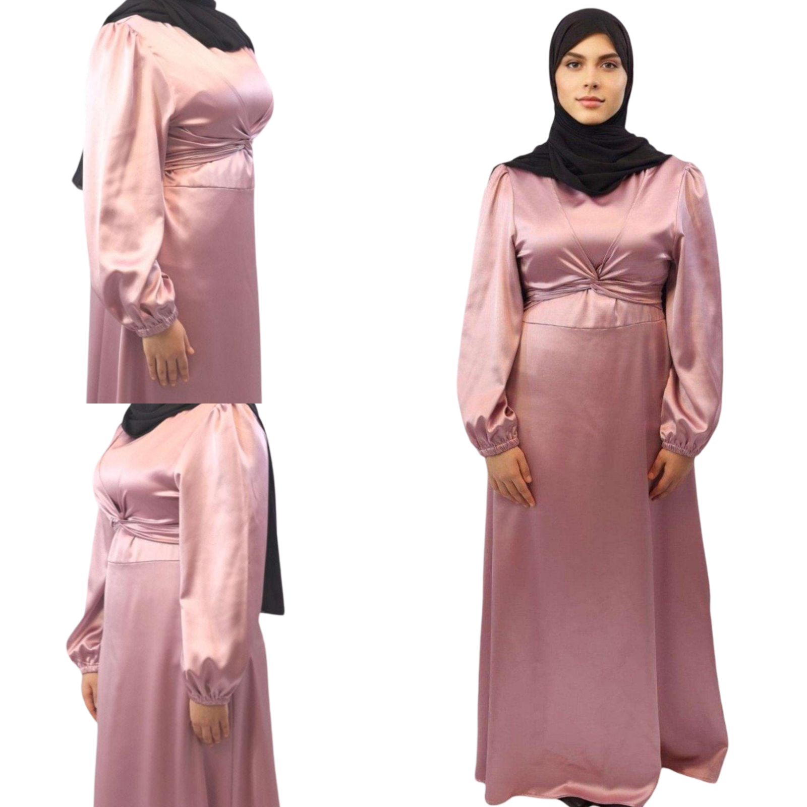 Satin Maxi dress dusty pink front side views modesty muslimah