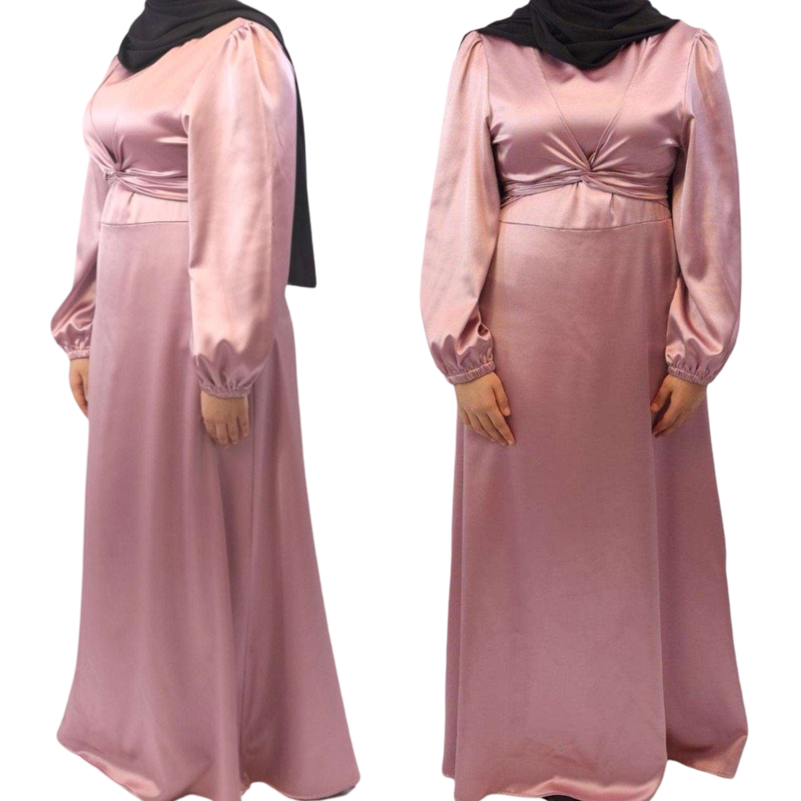 Satin Maxi dress dusty pink front side views modesty muslimah