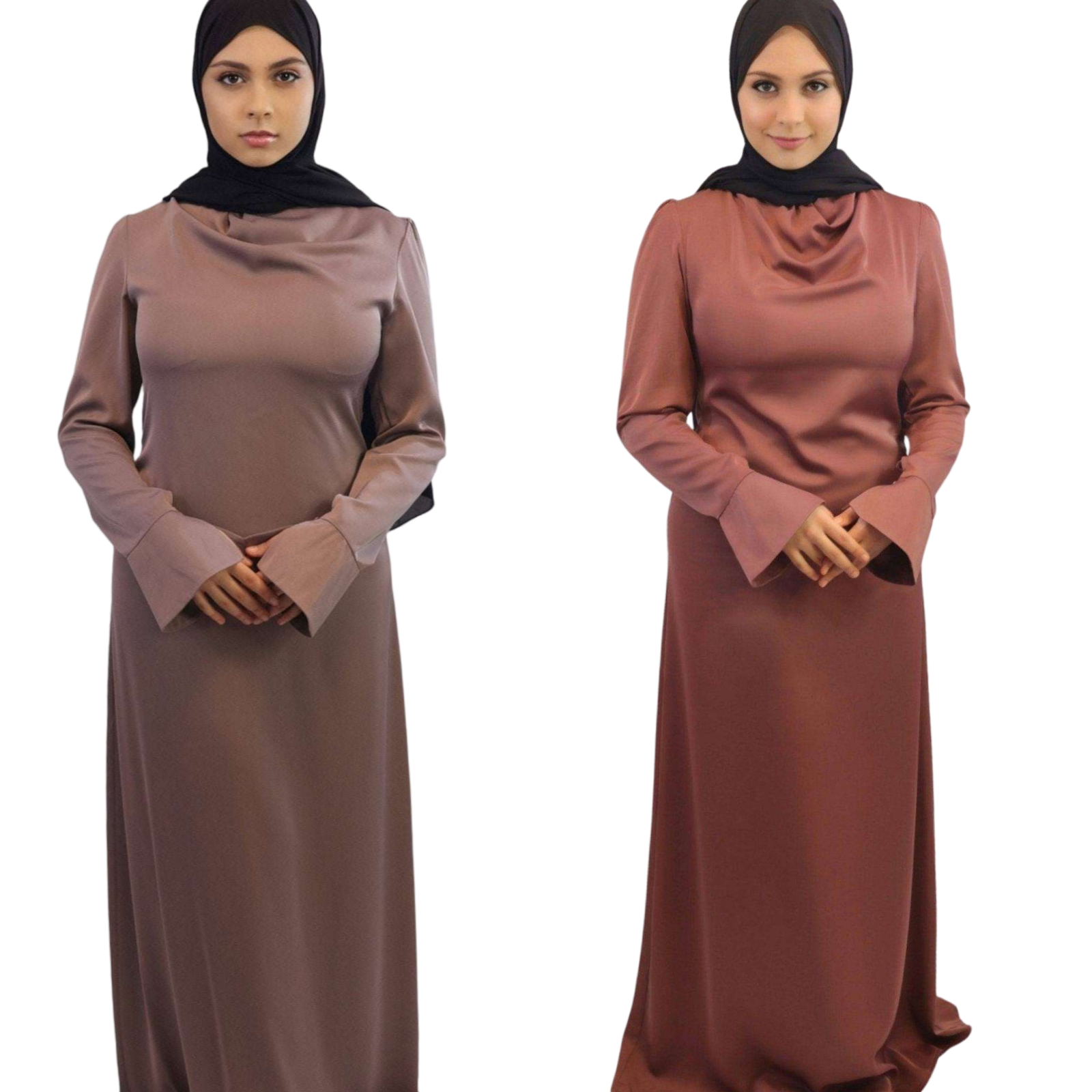 Female in satin maxi dress Redwood and copper rose front view