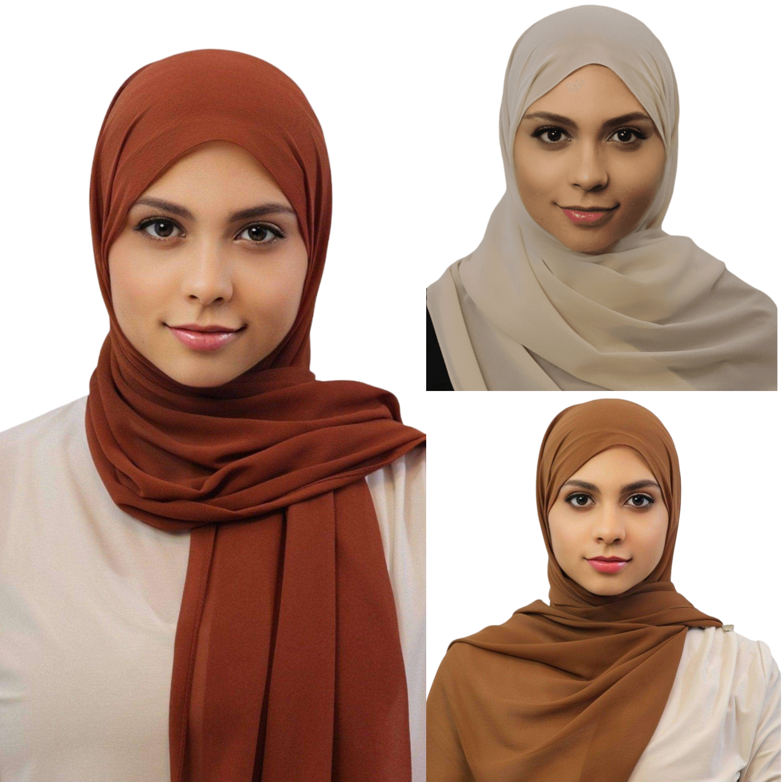 Chiffon Premium hijabs Clay, Almond White and seinna