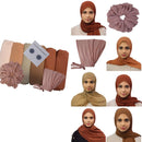 Rose Clay Neutrals Hijab Set featuring Peach, Mocha, Camel, Clay Brown, Sienna, and Pearl Copper hijabs, paired with a Rose Taupe undercap, Old Rose chiffon scrunchie, and Umbra Gray hijab magnets