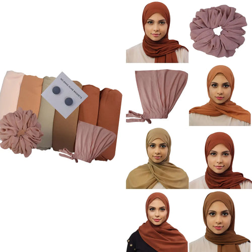 Rose Clay Neutrals Hijab Set featuring Peach, Mocha, Camel, Clay Brown, Sienna, and Pearl Copper hijabs, paired with a Rose Taupe undercap, Old Rose chiffon scrunchie, and Umbra Gray hijab magnets