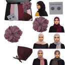 Rosewood Noir hijab collection including Pearl Gray, Wine Red, Umber Gray, Old Rose, Pastel Pink, and Black chiffon hijabs, a Mahogany undercap, matching Mauve scrunchie, and Beige Gray hijab magnets