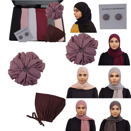 Rosewood Noir hijab collection including Pearl Gray, Wine Red, Umber Gray, Old Rose, Pastel Pink, and Black chiffon hijabs, a Mahogany undercap, matching Mauve scrunchie, and Beige Gray hijab magnets