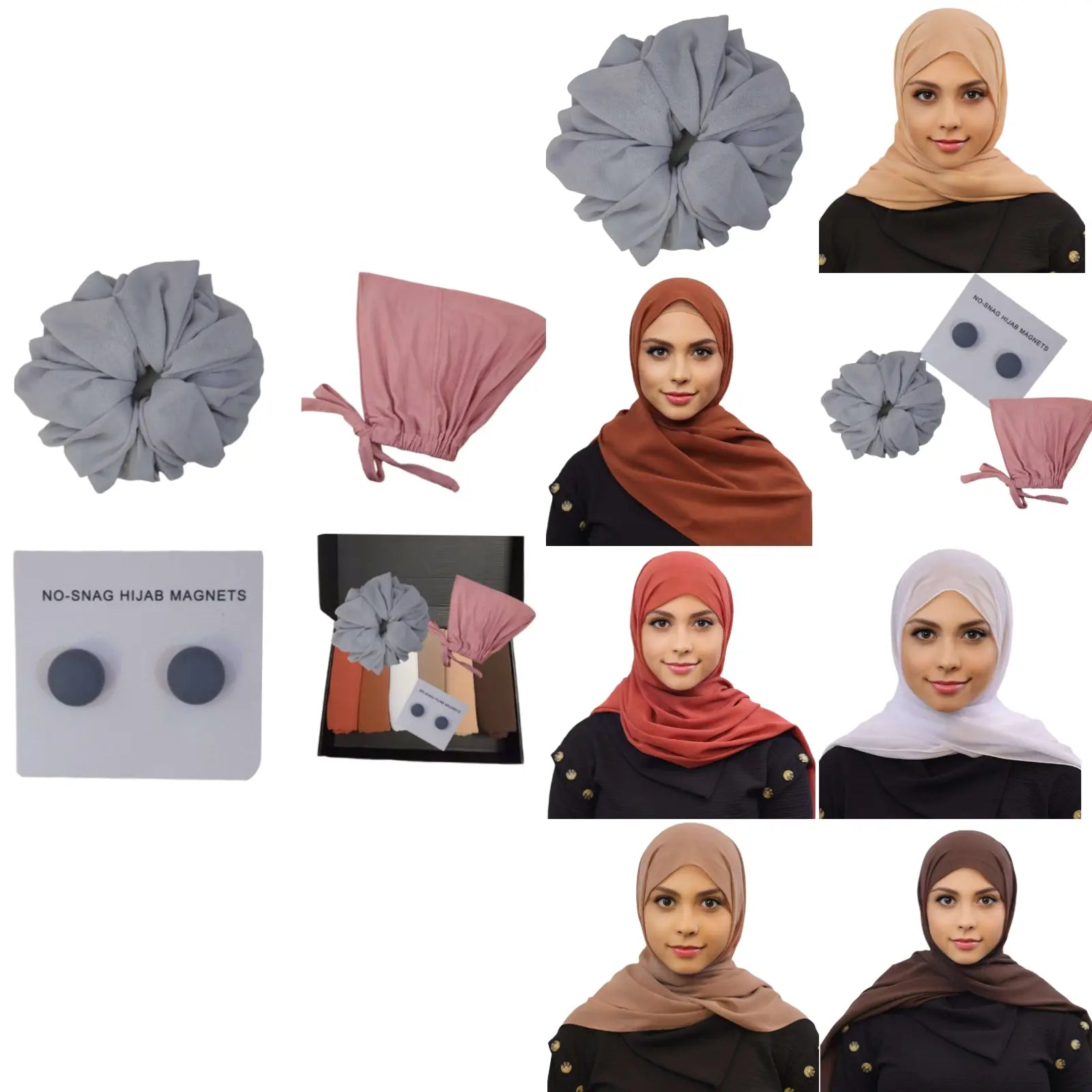 Sandstone Rose Hijab Set featuring Dark Salmon Pink, White, Chestnut Brown, Chocolate Brown, Pearl Copper, and Sand hijabs, paired with a Rose Pink undercap, Light Gray chiffon scrunchie, and Umbra Gray hijab magnets
