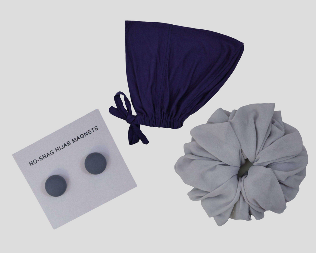 Warm Neutrals Hijab Set Accessories: Navy Blue Jersey Undercap, Light Gray Chiffon Volumizing Scrunchie, and Umbra Gray Hijab Magnets (1 set)