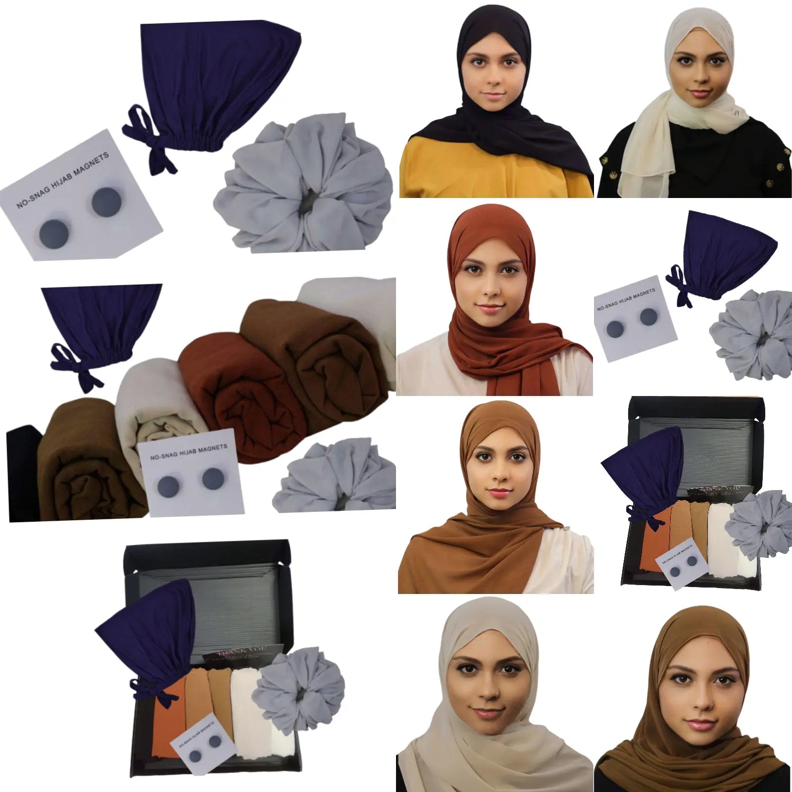 Warm Neutrals Hijab Set with Black, Sienna, Clay, Coffee, Almond White, Khaki Hijabs, Navy Undercap, Light Gray Scrunchie, and Umbra Gray Magnets
