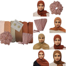 Warm Rose Neutrals hijab collection including Peach, Peru, Camel, Clay Brown, Sienna, and Pearl Copper chiffon hijabs, Rose undercap, matching scrunchie, and Ivory magnets.