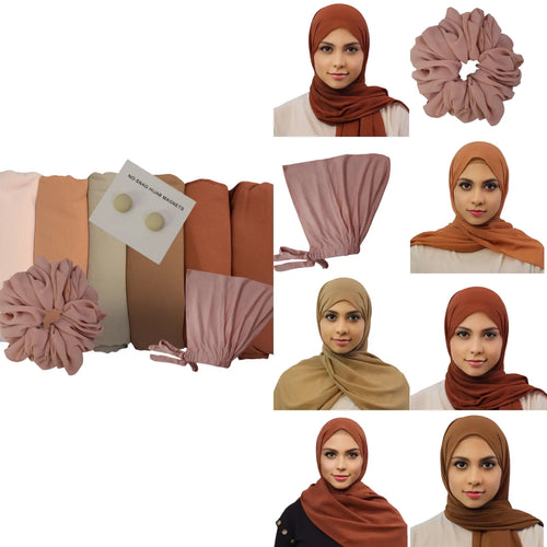 Warm Rose Neutrals hijab collection including Peach, Peru, Camel, Clay Brown, Sienna, and Pearl Copper chiffon hijabs, Rose undercap, matching scrunchie, and Ivory magnets.