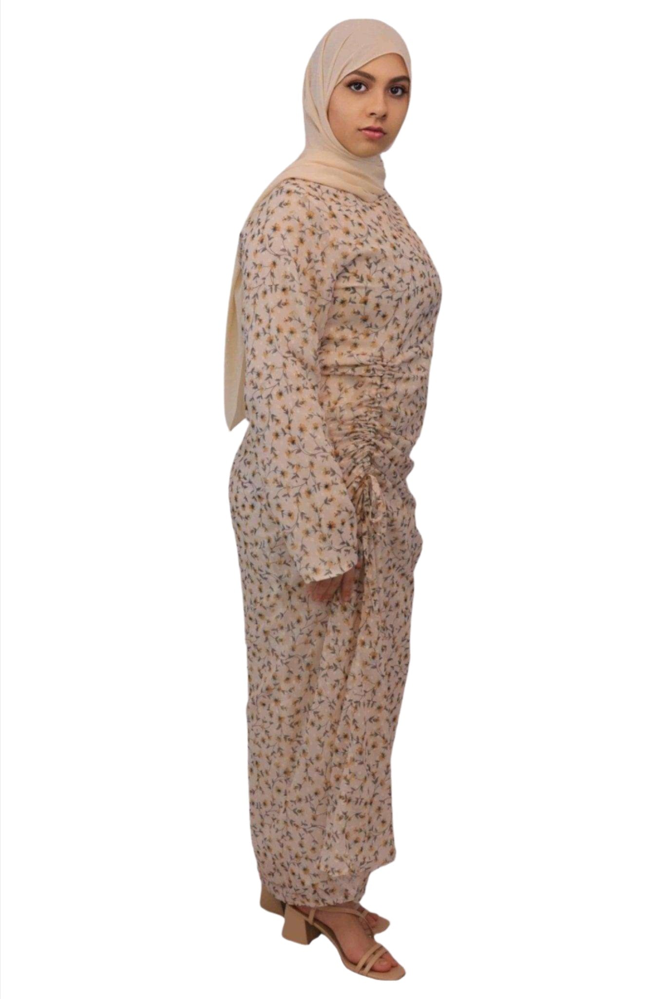 Yasmine Beige Ruched Floral Chiffon maxi dress - MODESTY MUSLIMAH