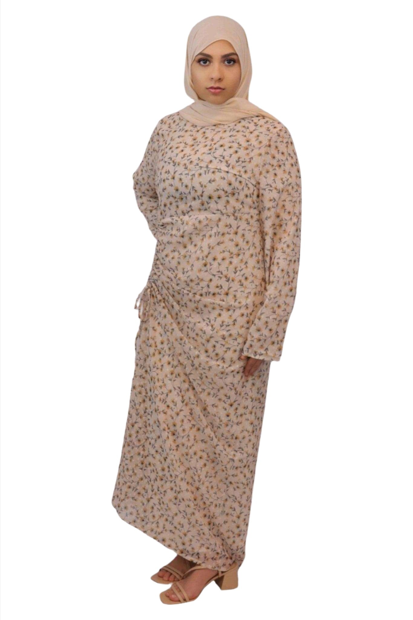 Yasmine Beige Ruched Floral Chiffon maxi dress - MODESTY MUSLIMAH