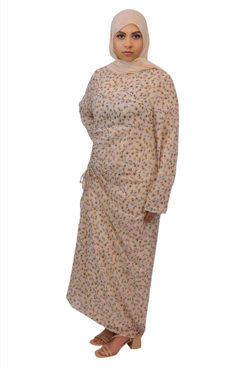 Beige Floral Maxi Dress - Elegant Ruched Chiffon for Effortless Style