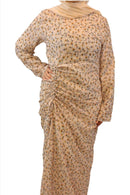 Beige Floral Maxi Dress - Elegant Ruched Chiffon for Effortless Style