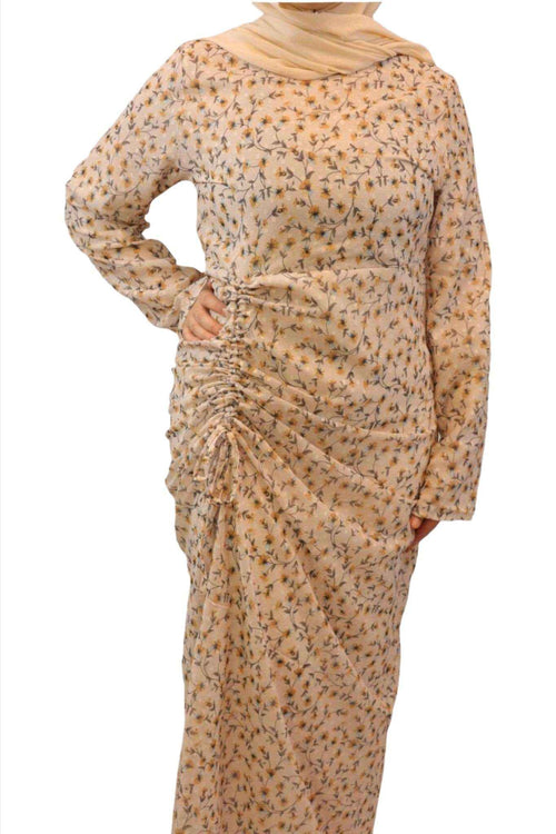 Beige Floral Maxi Dress - Elegant Ruched Chiffon for Effortless Style