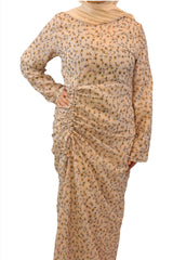 Yasmine Beige Ruched Floral Chiffon maxi dress - MODESTY MUSLIMAH