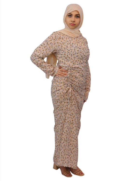 Beige Floral Maxi Dress - Elegant Ruched Chiffon for Effortless Style